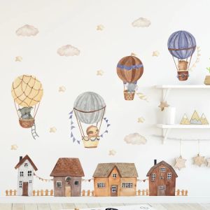 Stickers Boho Cartoon Dieren op Luchtballon Huis Aquarel Muurstickers voor Kinderen Baby Speelkamer Kinderkamer Muurstickers Home Decor