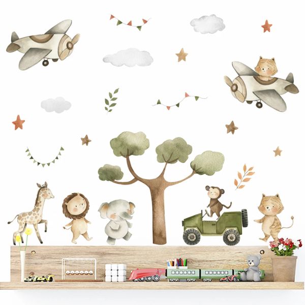 Pegatinas Boho Dibujos animados Elefante Jirafa Safari Animales Avión Árbol Acuarela Vinilo Etiqueta de la pared Niños Guardería Bebé Dormitorio Decoración del hogar