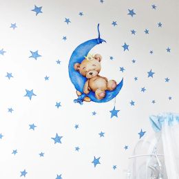 Autocollants muraux de dessin animé pour chambre de bébé, ours dormant sur la lune, décoration de maison, étoiles aquarelle, papier peint DIY, décoration artistique