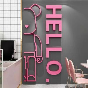 Autocollants Cartoon Bearbrick Acrylique 3D Sticker mural avec Hello Letter DIY Panda mignon Solid Mirror Stickor Sticker Wallpaper chambre à coucher décor