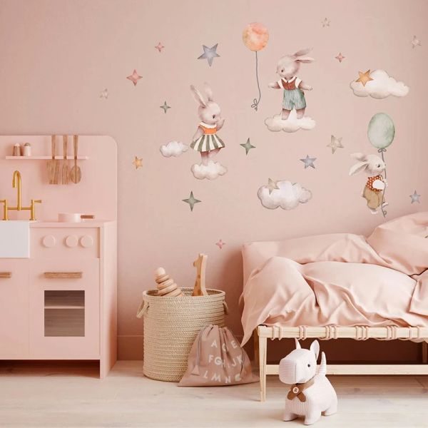 Autocollants muraux de dessin animé lapin, lune et étoiles, animaux nordiques doux lapin, ballon à Air chaud, papier peint de décoration pour chambre d'enfants