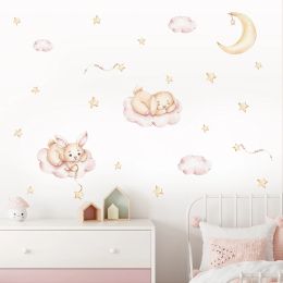 Autocollants Cartoon Bunny Moon Clouds Stars Pink Nursery Wall Autocollant Aquarement Aquarement en vinyle amovible décalcomanies murales pour enfants.
