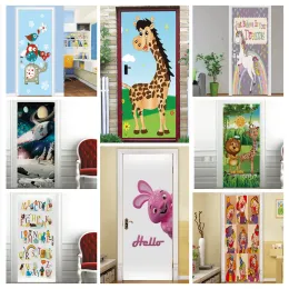 Autocollants de porte pour enfants, dessin animé, pour garçons et filles, décoration de chambre à coucher, girafe, papier peint adhésif en vinyle, affiche murale 3D