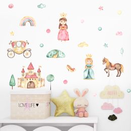 Pegatinas de dibujos animados de princesas lindas, carruaje, acuarela rosa, vinilo, calcomanías de pared para guardería, impresión, decoración Interior del hogar para habitación de niños y niñas