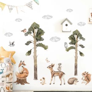 Pegatinas de dibujos animados lindos animales del bosque ciervos zorro árbol etiqueta de la pared acuarela vivero vinilo arte de la pared calcomanías para la habitación de los niños del bebé decoración del hogar