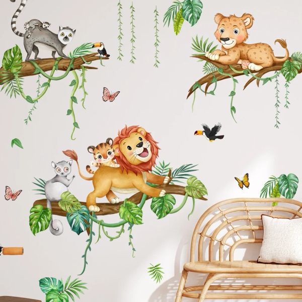 Pegatinas de dibujos animados de animales del bosque, pegatina de pared para habitación de niños, decoración de dormitorio, Mural, lindo León, mapache, decoración de guardería, calcomanías autoadhesivas