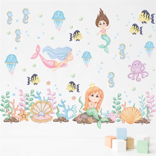 Autocollants Dessin animé sirène poissons Sealifes autocollant Mural pour salle de bain décoration de la maison bricolage océan thème Mural Art filles décalcomanies Pvc affiches
