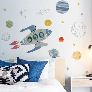Autocollants muraux de vaisseau spatial de dessin animé, pour chambres d'enfants, décoration murale de pépinière, sparadrap de planète, décoration de chambre d'enfant pour la maison