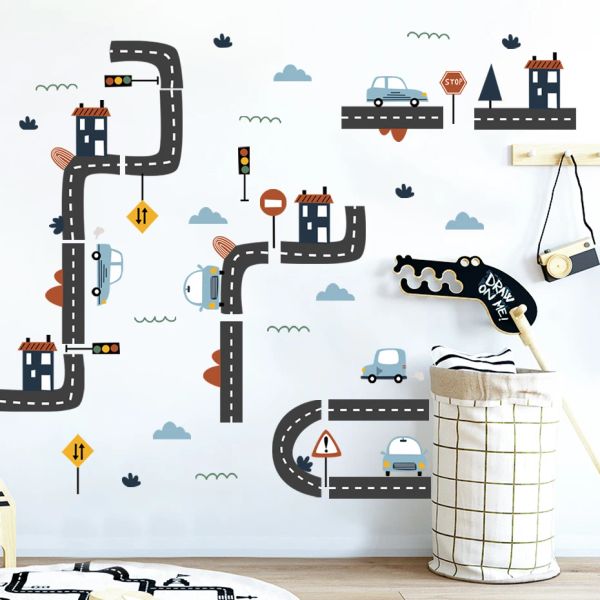 Autocollants dessin animé Transport route nuage signe pépinière Stickers muraux amovibles bricolage vinyle Stickers muraux enfants bébé garçon chambre intérieur décor à la maison