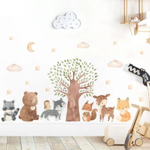 Autocollants dessin animé aquarelle animaux de la forêt ours lapin arbre étoiles autocollant mural pour chambre d'enfants bébé pépinière décalcomanies chambre décor à la maison