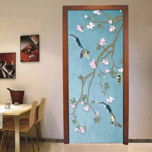 Autocollants Style chinois fleur oiseau Mural imperméable auto-adhésif autocollant de porte vinyle papier peint pour salon chambre porte décoration