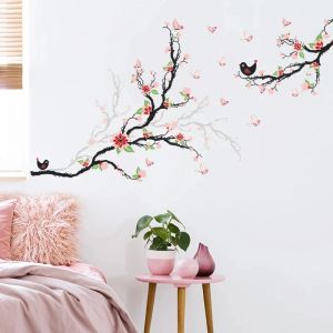 Autocollants style chinois arbre branche mural autocollant oiseau papillon