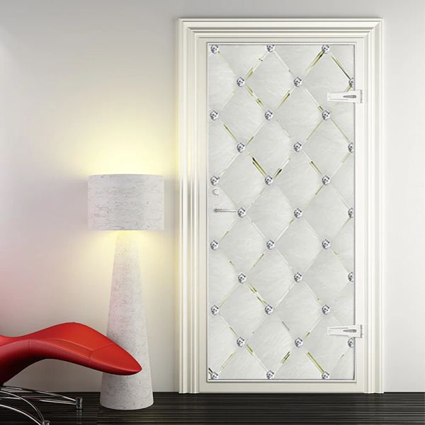 Pegatinas creativas 3D para puerta, pegatinas de pared con patrón de cuero blanco, autoadhesivas, pegatinas de renovación de puerta de baño y dormitorio