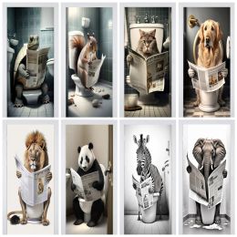 Pegatinas Creative Animal 3d Realistic Mural Wallpaper Animal sentado en el inodoro para el baño Segalante Cartel de decoración de la sala del hogar