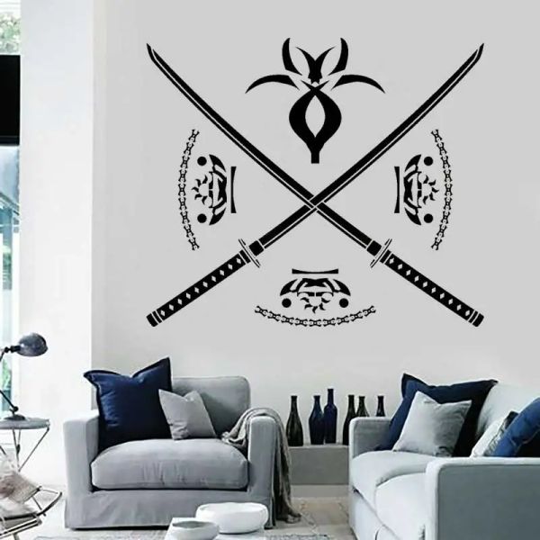 Pegatinas Cruz Espada Samurai Etiqueta de la pared Bushido japonés Manejo de la espada Espíritu Gimnasio Club Hombre Cueva Decoración para la sala de estar Vinilo Etiqueta de la pared