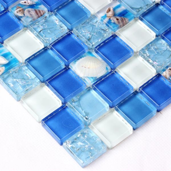 Pegatinas de mosaico de cristal, azulejo de cocina, baño, papel de pared, fondo de ducha, azulejo de piscina, decoración del hogar, azulejo de mosaico azul de concha de mar