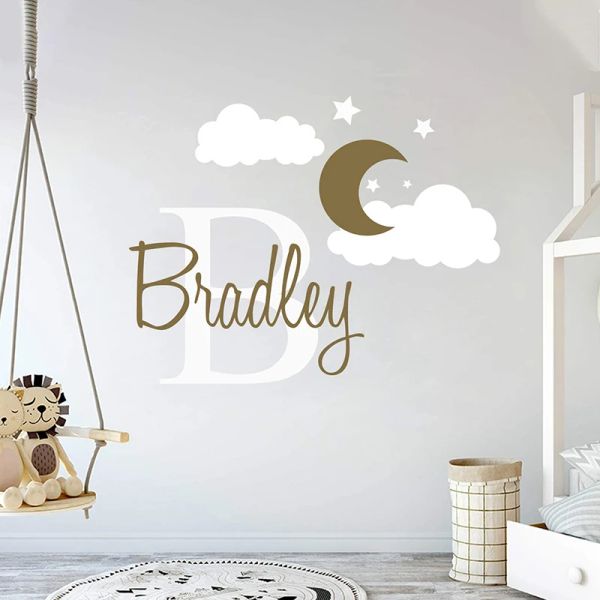 Autocollants Nom personnalisé Initial Lune Nuages Étoiles Autocollant mural Chambre d'enfant Pépinière Nom personnalisé Ciel Espace Lune Autocollant mural Chambre Vinyle