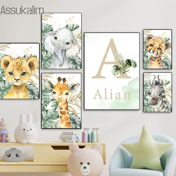 Pegatinas con nombre personalizado, carteles de pared, elefante, jirafa, pintura artística, animales de la selva, impresiones artísticas, imágenes en lienzo para guardería, decoración de pared para habitación de niños