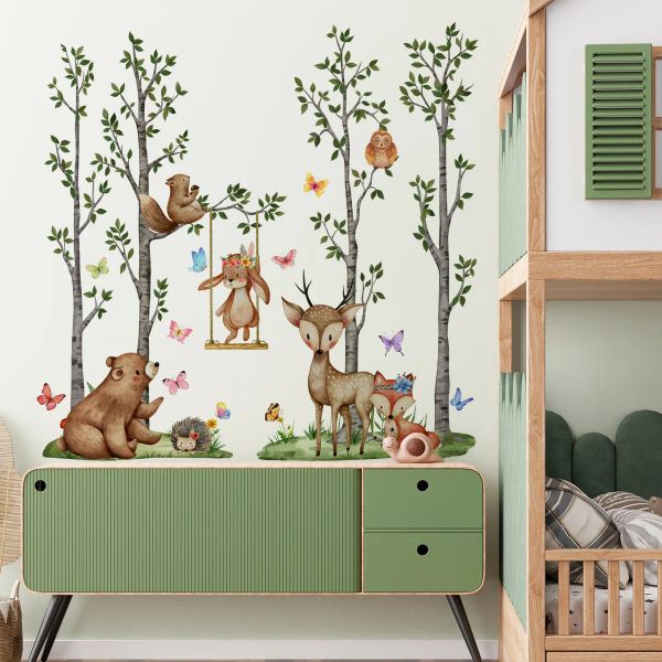 Pegatinas de animales lindos, pegatinas de pared, decoración para habitación de niños, pegatinas de pared de árbol de pino, autoadhesivas de PVC, pegatina Mural artística de mariposa