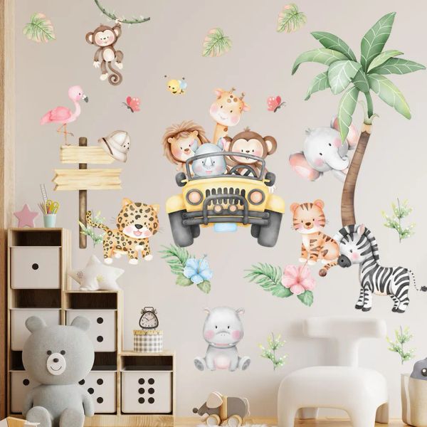 Autocollants mignons animaux de la forêt, autocollants muraux de voiture pour chambres d'enfants filles garçons décoration de chambre de bébé éléphant girafe papier peint auto-adhésif