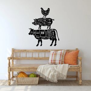 Autocollants coupes de viande vache porc poulet sticker mural vinyle boucher graphique autocollant mural animaux de ferme décor cadeau chef cuisine décoration murale B537