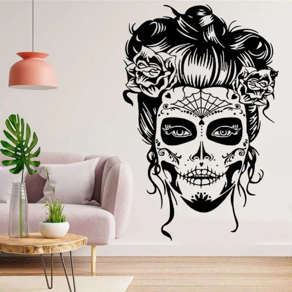 Autocollants Journée de la mort V2 Design en vinyle Sticker Rose Skull Skull Femme Mexican Home salon chambre Art Déco Autocollant Mural Kl3