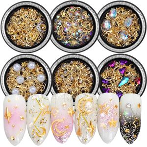 Stickers stickers 1 doos met 3D metalen nail art charme studs gemengd met gouden holle ster maan Strassstickers voor damesdecoratie handgemaakte items 231121