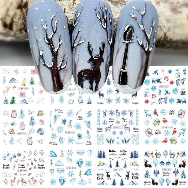 Autocollants décalcomanies 12 Design autocollant d'eau d'ongle de noël paysage d'hiver arbre de neige cerf filigrane transfert décalcomanie décoration 231121