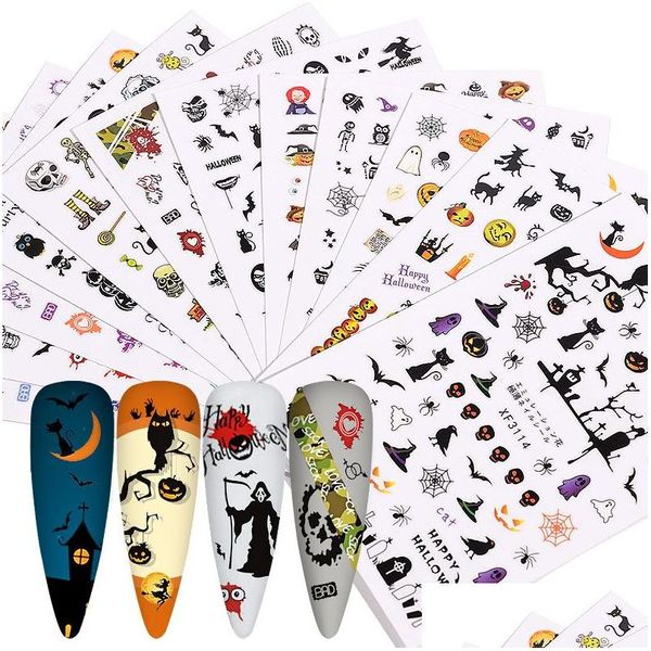 Aufkleber Abziehbilder 12 Teile/paket Halloween Designs Nail art Aufkleber Mix Kürbis Geist Teufel Skl Selbstklebende 3D Slider Nägel Wrap Dekor Dhhbg