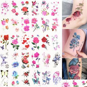 Autocollants Stickers 30Pcs / Lot Rose Fleur Transfert De L'eau De Tatouage Papillon Femmes Corps Bras Faux Manches Art Décorations Temporaires Drop De Dht4Q