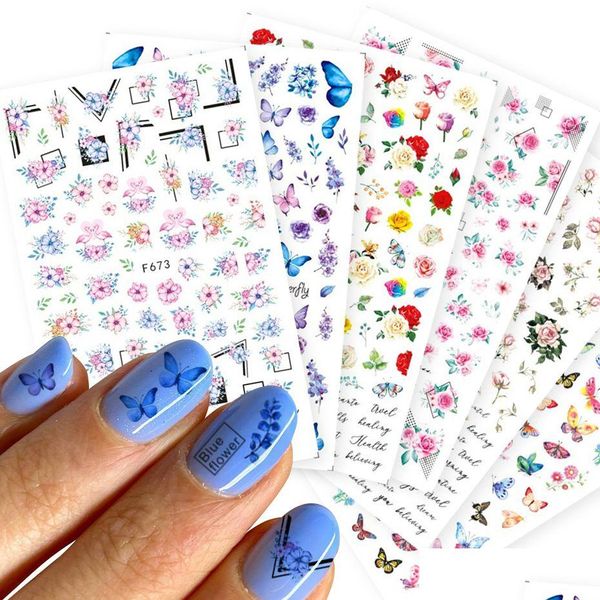 Autocollants Stickers 3D Papillon Curseurs Nail Colorf Fleurs Rouge Rose Adhésifs Manucure Ongles Feuilles Tatouage Décorations Np004 Drop Del Dhe6Q