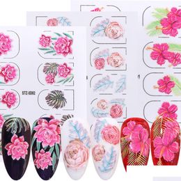 Stickers Decals 5D Reliëf Rose Nail Sticker Bloeiend Gegraveerd Blad Water Slider Voor Nagels Kunst Decoraties Sticker Bloem Manicure Dhfjh