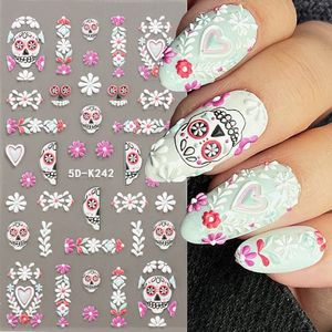 Autocollants décalcomanies 5D Halloween ongles en relief crâne blanc fleur citrouille adhésif toile d'araignée dessin animé manucure curseur NL5DK242 231017