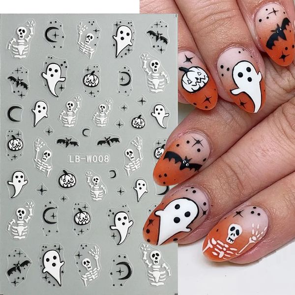 Autocollants décalcomanies dessin animé fantôme ongles pour Halloween 5D Relif crâne os citrouille chauve-souris noir lune conception manucure feuilles NLLBW008 231017