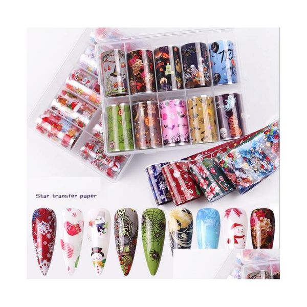 Autocollants Stickers Noël 10 Rouleaux Nail Foils Mixed Art Colorf Transfer Foil Papillon Wraps Adhésif Papier Ongles Drop Delivery Hea Dhy8A