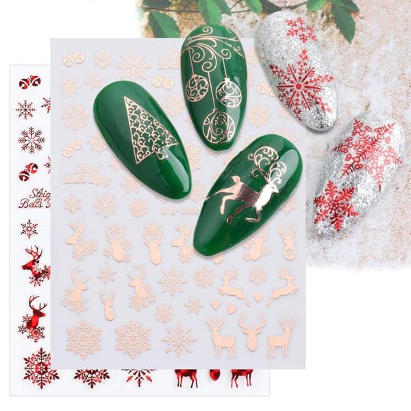 Pegatinas Calcomanías Diseño navideño Uñas 3D Oro rosa Brillo Copos de nieve Elk Regalos Nail Art Slider Foils Winter Charms ZG-058 Prud22