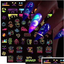 Autocollants décalcomanies Colorf Halloween autocollants pour ongles brillent dans le noir néon lumineux fluorescent ongles conception idéal pour la fête et le bar Dha5Y