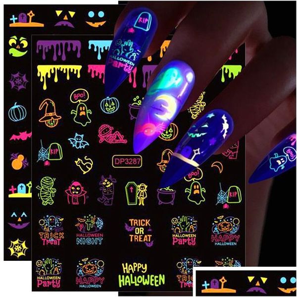 Pegatinas Calcomanías Colorf Pegatinas de uñas de Halloween que brillan en la oscuridad Diseño de uñas fluorescentes luminosas de neón ideal para fiestas y bares Dha5Y