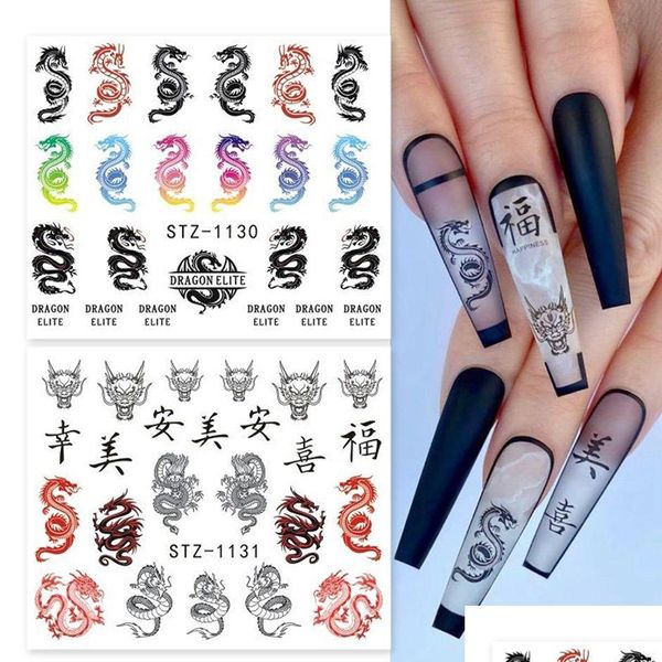 Autocollants Stickers Dragon Serpent Ongles Rouge Noir Gothique Conception Curseur D'eau Chinois Manucure Ongles Art Décor Chstz1114-1137 Drop Delive Dhc5O