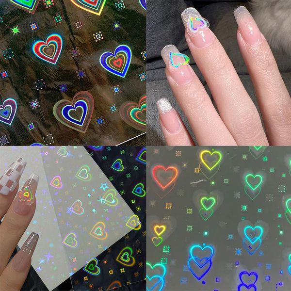 Autocollants Décalques Dynamique Laser Coeur Nail Art Autocollant Aurore Brillant Gradient Amour Étoile Motif Feuille De Verre Film Adhésif Décalques Décoration Des Ongles 1 PC 230726