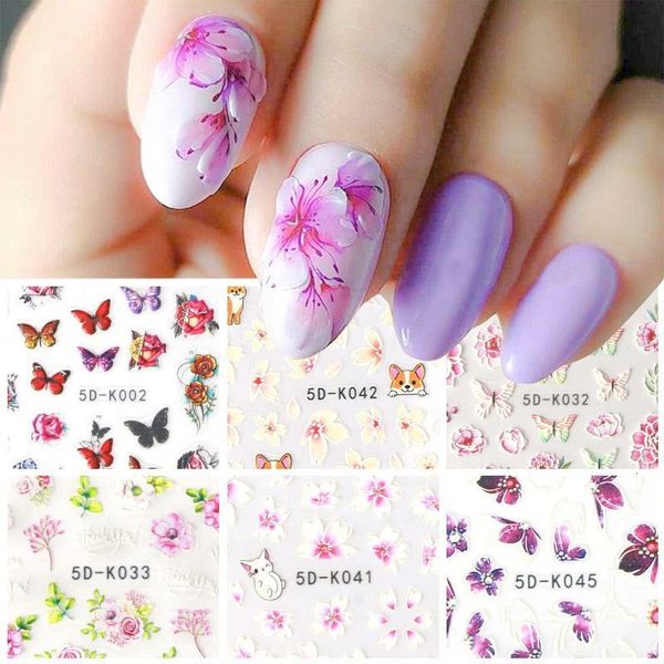 Stickers Stickers JP 5D Vivid Relief Sculpté Adhésif Nail Art Stickers Stickers Divers Motif Fleurs Dentelle Pop Design Manucure Nail Art Stickers 230726