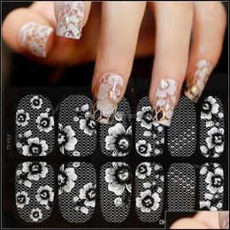 Autocollants Stickers Nail Art Salon Santé Beauté 12 Long Wear Wraps Dentelle Blanche Série Feuilles Transparentes Faux Conseils Faux Décoration Pas de bavures