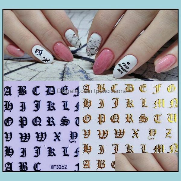 Autocollants Stickers Nail Art Salon Santé Beauté Nouveau Décalque 3D Alphabet Lettres Blanc Noir Or Acrylique Ongles Outil Ship Drop Delivery 2021 Drj