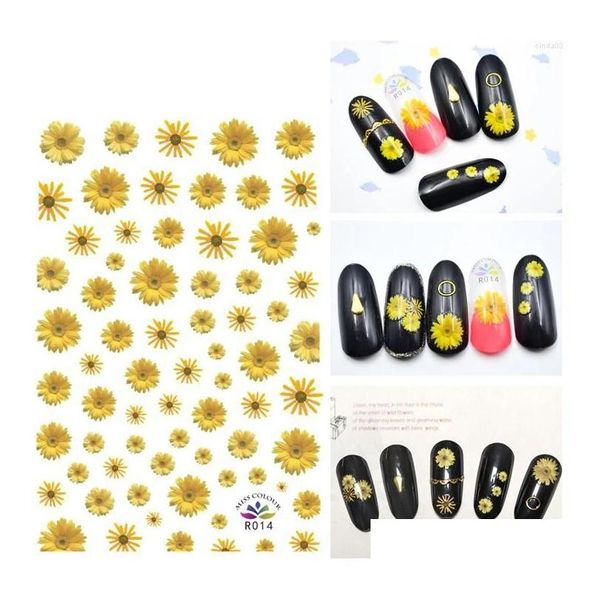 Autocollants décalcomanies ongles tournesol 3D pour ongles petite fleur jaune fraîche autocollant feuille Art décorations accessoires de manucure livraison directe Ot0U2