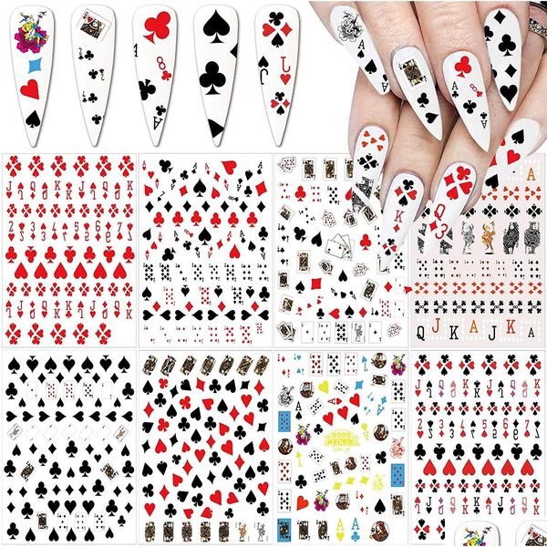 Pegatinas Calcomanías Poker Nail Art Sticker Moda 3D Naipes Diseñador Corazón rojo Diamante Picas Letra geométrica Entrega de la gota H Dh5P8