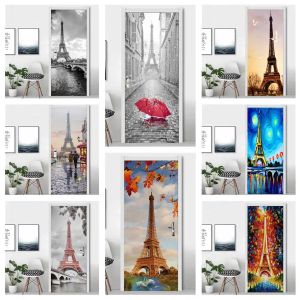 Autocollants Tour Eiffel Autocollant De Porte 3D Papier Peint Auto-Adhésif Porte Vinyle Affiche Taille Personnalisée Sticker Home Design Art Mural Pour Chambre