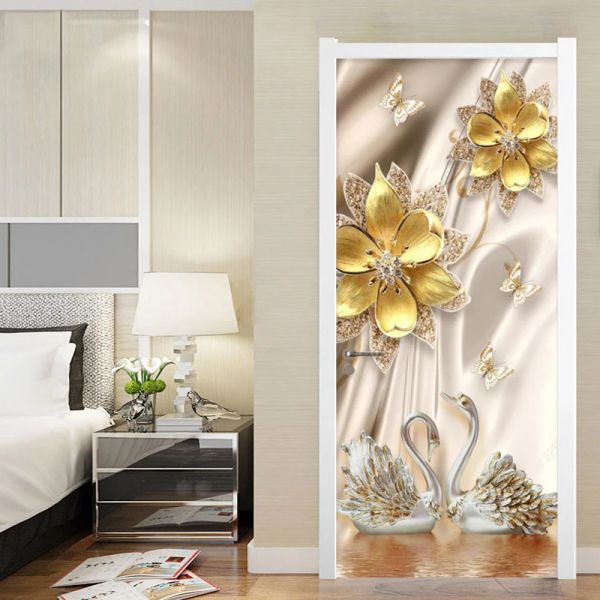 Autocollants Autocollant de porte de Style européen 3D fleurs cygne papier peint de luxe chambre hôtel maison porte décalcomanies 3D pâte PVC autocollants auto-adhésifs