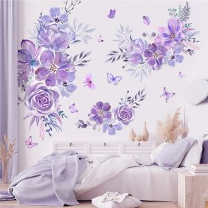Autocollants extra grandes fleurs violettes autocollants muraux pour le salon chambre décor de maison papillon pvc adhésif autocollants peint