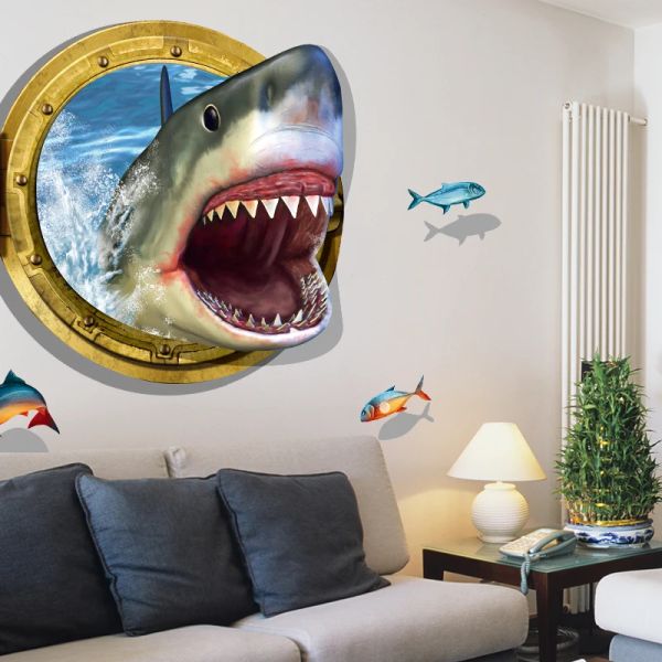 Autocollants Autocollant mural 3D requin féroce, matériau PVC, décoration moderne pour la maison, Art mural pour chambres d'enfants, autocollant décoratif de salon
