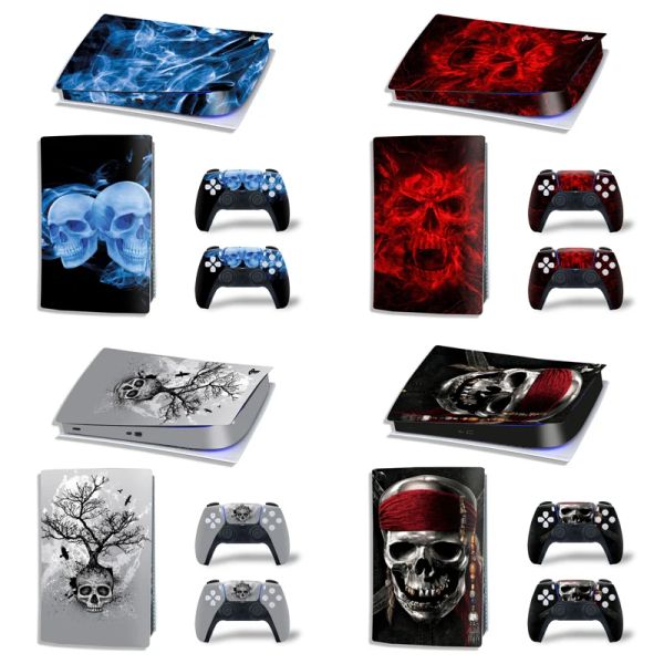 Pegatizas para la consola de edición digital PS5 y 2 controladores Diseño de calavera de calavera de la piel Cubierta de envoltura de vinilo protectora